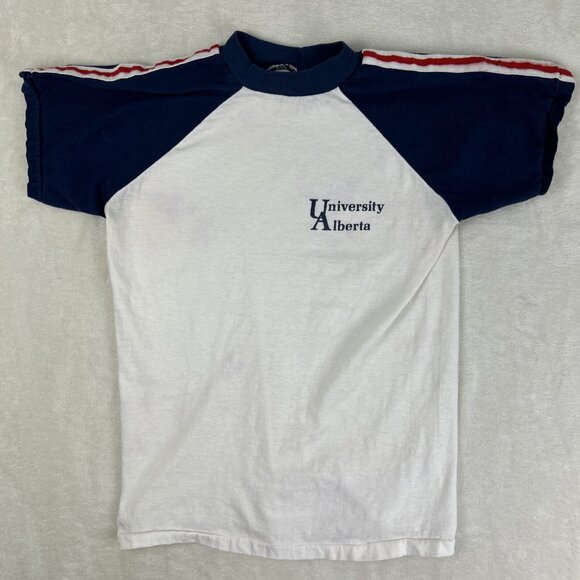 VTG University Of Alberta T Shirt Red Stripe White Blue Adult M* Velva Sheen - Picture 1 of 7